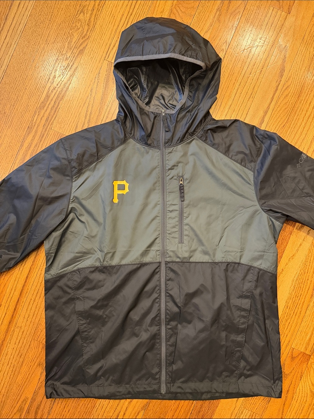 Columbia Black Hooded Windbreaker with Blue Trim
